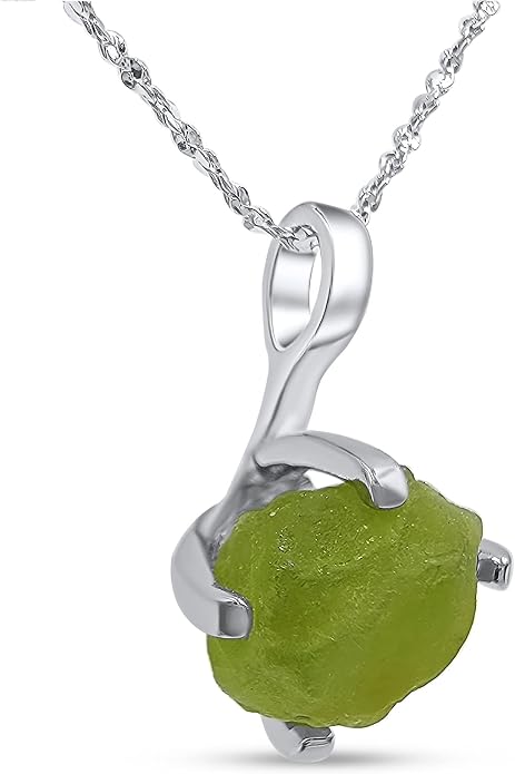 Natural raw gemstone pendant chain necklace with white gold over 925 solid sterling silver, birthstone dainty solitaire gift for her, uniquelan jewelry