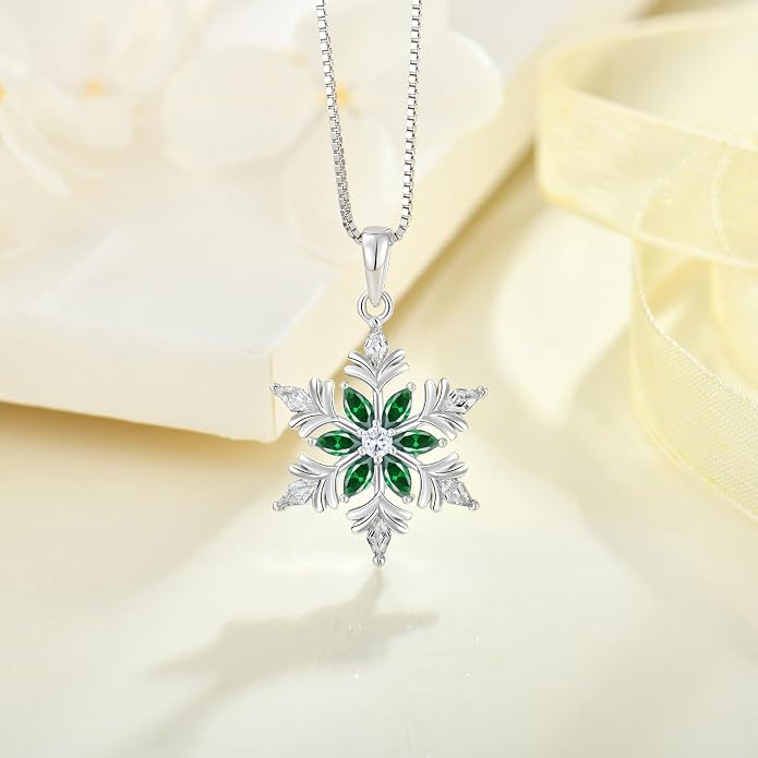 925 Sterling Silver Snowflake Necklace for Women Birthstone Snowflake Pendant Necklace Cubic Zirconia Christmas Jewelry
