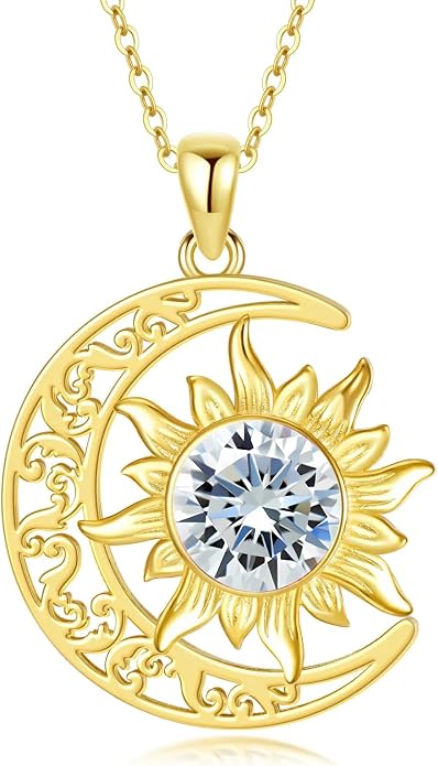 Crescent Moon Necklace for Women 18K Gold Plated Silver Moon and Sun Pendant with Gemstone Dainty Birthstone Jewelry Pendant Necklace for her