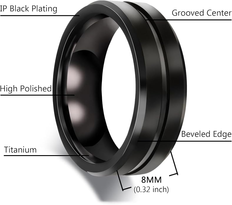 MMTTAO Men's Titanium Ring Wedding Bands for Men Women 6MM 8MM 10MM Black/Blue/Silver Engagement Band Wedding Rings Beveled Edge Brushed Matte Finished & Polished Grooved Center Comfort Fit Size 6-13