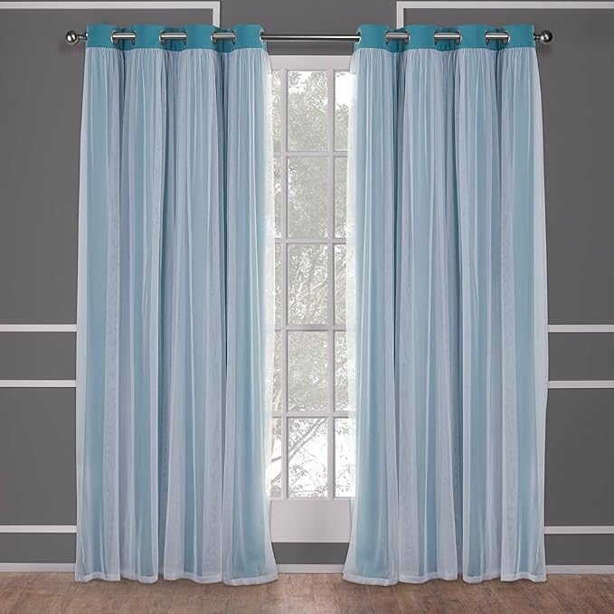 TOWN & COUNTRY LUXE Talia Double Layer Indoor Curtains, Sheer and Room Darkening Blackout, Grommet Top, Energy Efficient, 2-Pack Set, 52"x120", Turquoise