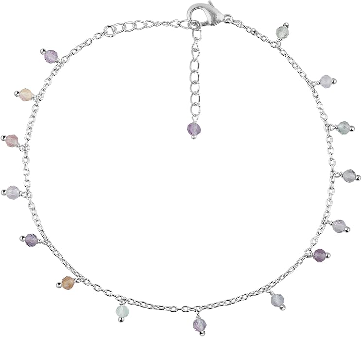 Natural Gemstone Beaded Dangle Anklets, Handmade Bohemian Jewelry, Micro-Faceted Stones Wicca & Reiki Healing Crystals, Silver Ankle Bracelet, Christmas Gift for Women, 9+1.50inch