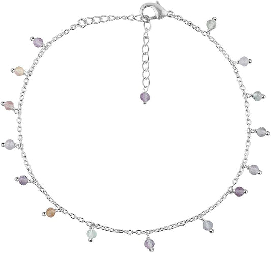 Natural Gemstone Beaded Dangle Anklets, Handmade Bohemian Jewelry, Micro-Faceted Stones Wicca & Reiki Healing Crystals, Silver Ankle Bracelet, Christmas Gift for Women, 9+1.50inch