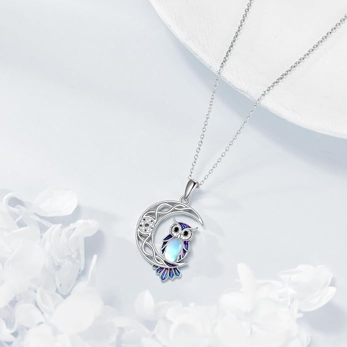 Owl Birthstone Necklace Sterling Silver Celtic Moon Pendant Cubic Zirconia Owls Jewelry Birthday Gifts for Women Men