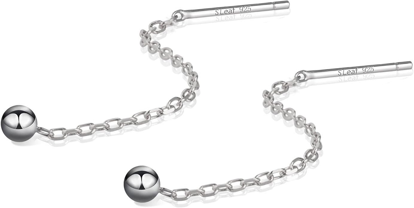 S.Leaf Threader Earrings for Women 925 Sterling Silver Gold Plated Hypoallergenic Backless Ardant Chain Duster Tassel Drop Double Piercing Pull Through Earrings for Women Trendy