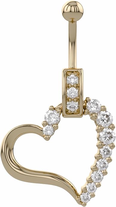 AFFY Women's Heart Charm Belly Ring with Round White Cubic Zirconia in 14K Gold Plated 925 Sterling Silver, Dangle Navel Piercing Jewelry for Her