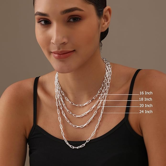 LeCalla 925 Sterling Silver Italian Jewelry Trendy Gift 3 MM, 3.5 MM, 4.5 MM Diamond-Cut PaperClip Link Chain Necklace for Women with Lobster Clasp (16, 18, 20, 24 Inches)