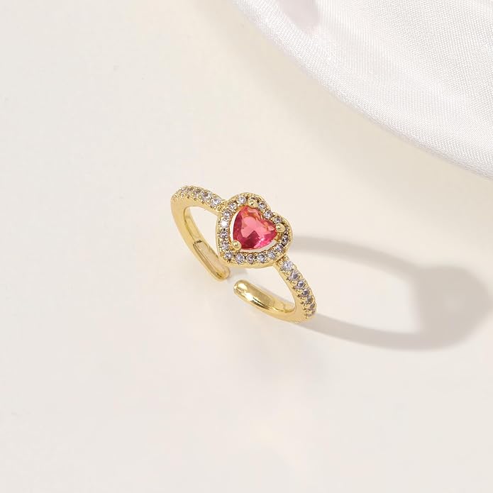 Gold Birthstone Rings for Women Non Tarnish 14k Gold Plated Dainty Heart Rings Adjustable Size Cubic Zirconia Ring Gold Simulated Gemstone Rings Birthday Gifts for Women