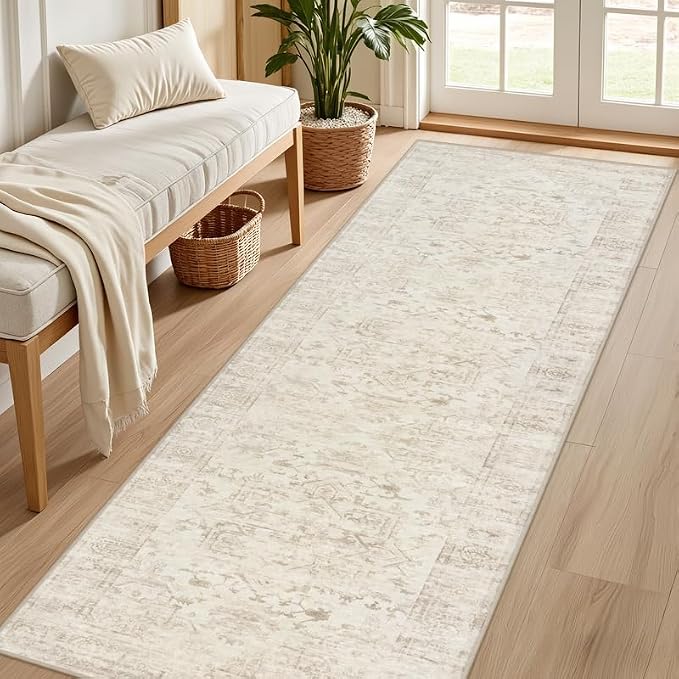 2'6''x8' Hallway Washable Runner Rug: Vintage Boho Neutral Kitchen Rug Soft Small Area Rug Indoor Floor Non-Slip Low Pile Carpet for Farmhouse Entryway Laundry Bathroom Bedroom Beside Rugs Beige/Brown
