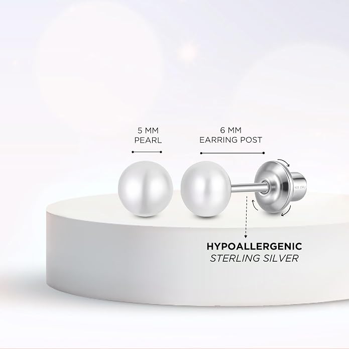 Pearl Screw Back Stud Earrings for Baby, Toddler, Girls | Hypoallergenic 925 Sterling Silver Screwback Safety Earrings | Simulated Pearl Studs for Sensitive Ears | Keepsake Gift for Birthdays Holidays Special Occasions