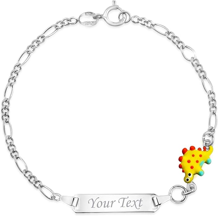 UNICORNJ 925 Italy Sterling Silver Child or Baby Name Bracelet Girls Boys, Personalized Engraved Kids ID Bracelets, 6.5" Figaro Chain, Enamel Charm Newborn Infant Toddler Kid Jewelry