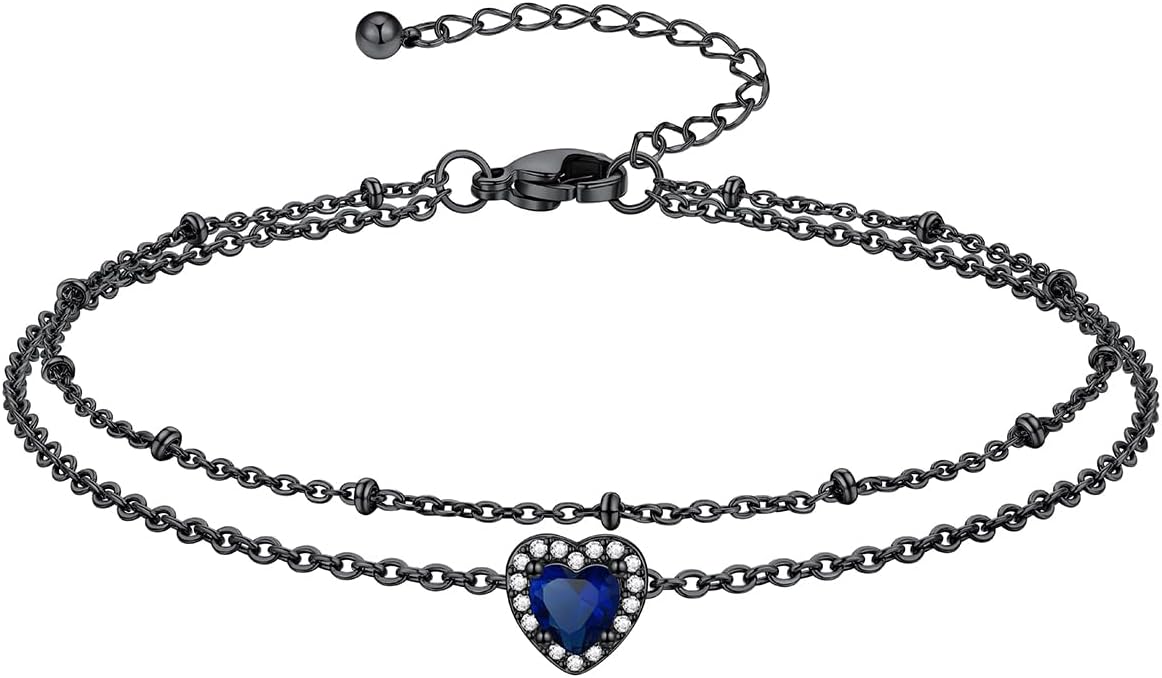 Richsteel Double Layer Heart/Butterfly Birthstone Anklet for Women Non Tarnish Waterproof, Silver/Gold/Black Stainless Steel 8.5-10.5 Inch Adjustable Chain Anklets Jewelry Gifts for Her