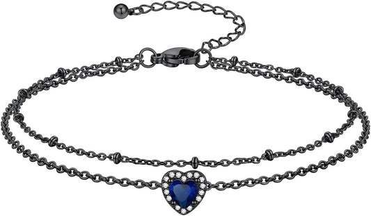 Richsteel Double Layer Heart/Butterfly Birthstone Anklet for Women Non Tarnish Waterproof, Silver/Gold/Black Stainless Steel 8.5-10.5 Inch Adjustable Chain Anklets Jewelry Gifts for Her