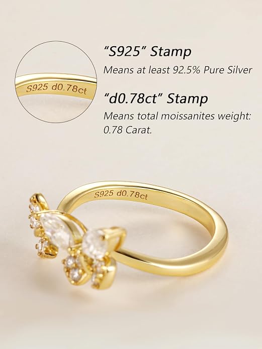Moissanite Flower/Butterfly/Star Pretty Open Ring for Women, Adjustable Ring, Solid 925 Sterling Silver with Gold Plated, Stackable Ring, Birthday Valentines Anniversary Mothers Day Ideal Gift for Her