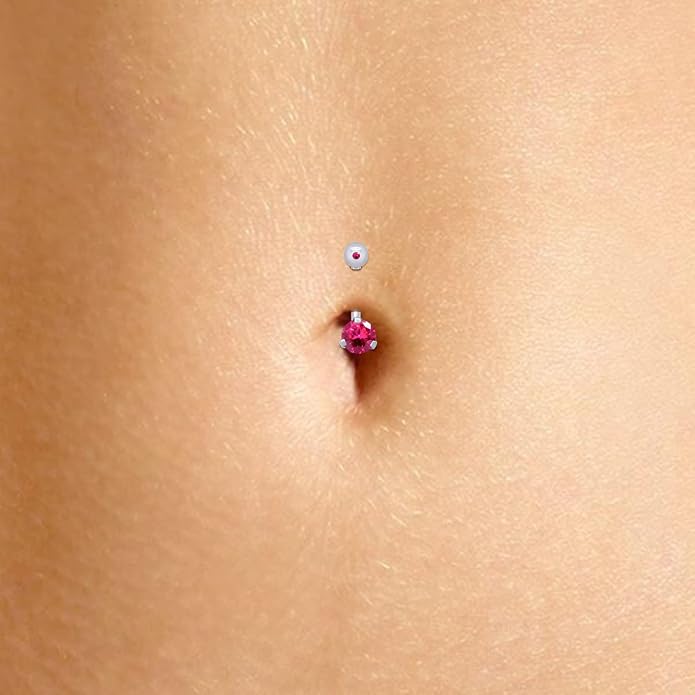 AFFY Internally Threaded Belly Button Navel Ring for Women, Three-Prong Round Simulated Birthstone in 14K Gold Over 925 Sterling Silver, Body Piercing Jewelry Gift