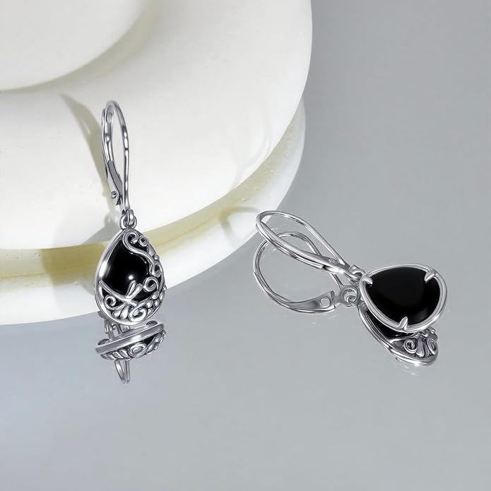 Real 925 Sterling Silver Trendy Dangle Earrings for Women | White Gold Plated | Hypoallergenic Turquoise/Black Onyx/Opal Filigree Jewelry Lightweight Celtic Lover Knot Leverback Earrings Gifts