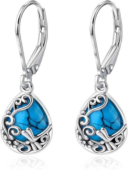 Real 925 Sterling Silver Trendy Dangle Earrings for Women | White Gold Plated | Hypoallergenic Turquoise/Black Onyx/Opal Filigree Jewelry Lightweight Celtic Lover Knot Leverback Earrings Gifts