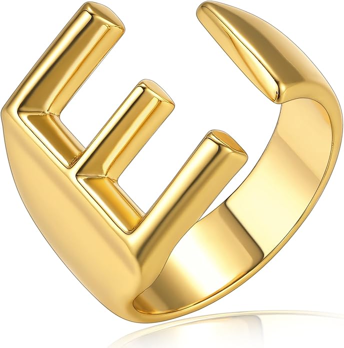 KeyStyle Bold Initial Letter Rings Adjustable, GoldChic Jewelry Women Gold Statement Ring Personalized Engraved Women’s Open Signet Ring for Party (Gold, White Gold, Black)