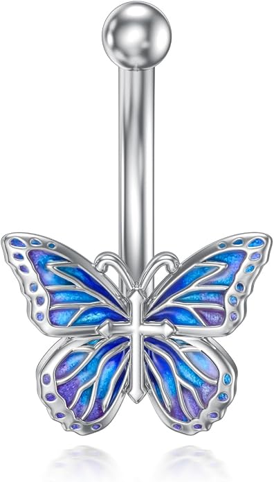 Sterling Silver 14G Belly Button Rings Cross/Cat/Butterfly/Cow/Skull/Birthstone Heart Navel Rings 16mm Body Piercing Jewelry for Women