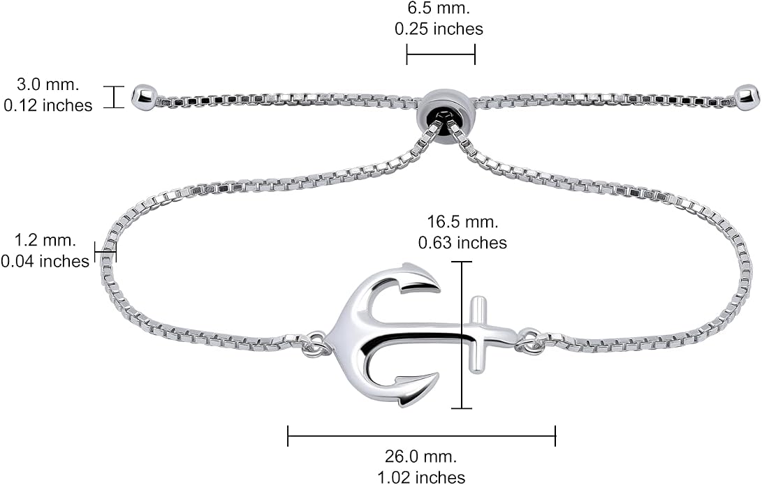 Hoops & Loops 925 Sterling Silver Sailor Anchor High Polished Hypoallergenic Anti-Tarnish Adjustable Bracelet for Women Men, Silver, Yellow Gold & Rose Gold