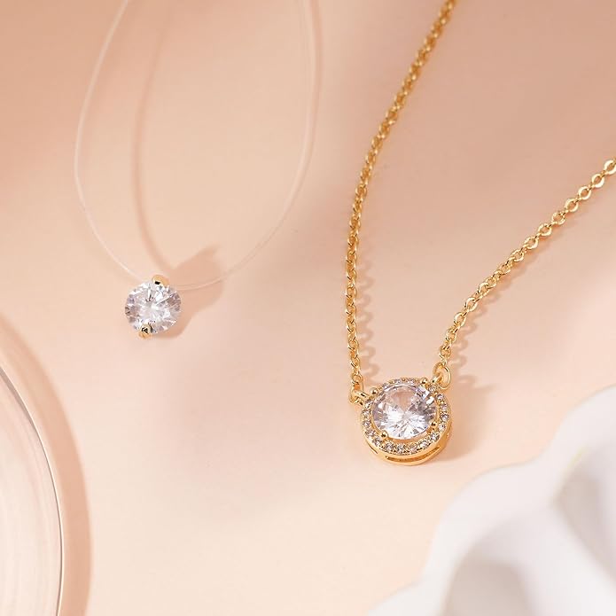 925 Sterling Silver Necklace for Women,Dainty Cubic Zirconia Circle Pendant 1/1.25/2 Carat CZ Choker Necklaces Trendy with Invisible Chain Minimalist Solitaire Jewelry Gift