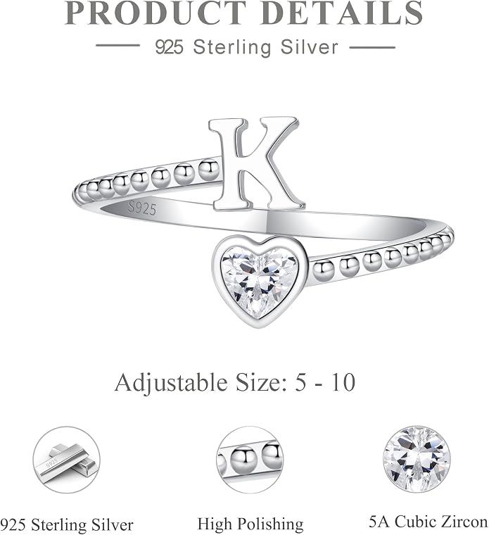 Step Forward 925 Sterling Silver Adjustable Initial Ring for Women | Non Tarnish Letter Rings for Lady | Alphabet Heart Thumb Rings | Capital Letter Jewelry Gifts