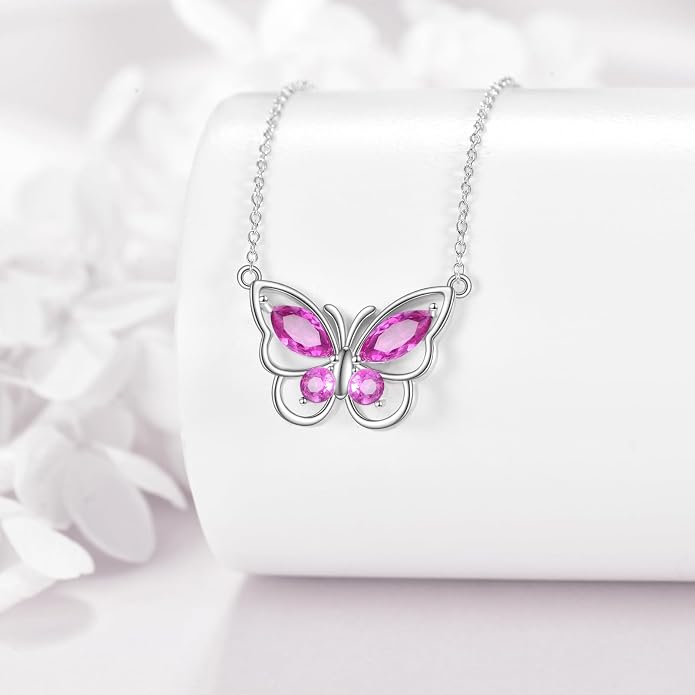 Butterfly Necklace for Women 925 Sterling Silver Crystal Butterfly Pendant Birthstone Amethyst Jewelry Gift