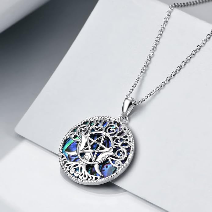 YFN Triple Moon Goddess Necklace Sterling Silver Pentagram Pentacle Opal Pendant necklace Pagan Wiccan Magic Amulet Tree of Life Jewelry for Women Men 18"