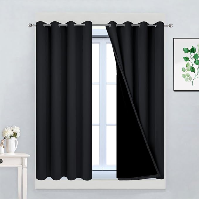 Yakamok Black 100% Blackout Curtains 45 Inches Long for Bedroom 52" Wide | Blackout Curtain Panels for Bedroom, 2 Thick Layers Grommet Top Thermal Insulated Drapes with Black Liner for Living Room