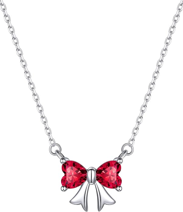 ChicSilver Bow and Cat Birthstone Necklace, 925 Sterling Silver Pendant Necklaces for Women, Hypoallergenic Silver Choker with 16 inch Rolo Chain, 12 Months Jewelry for Valentines Mothers Day Christmas