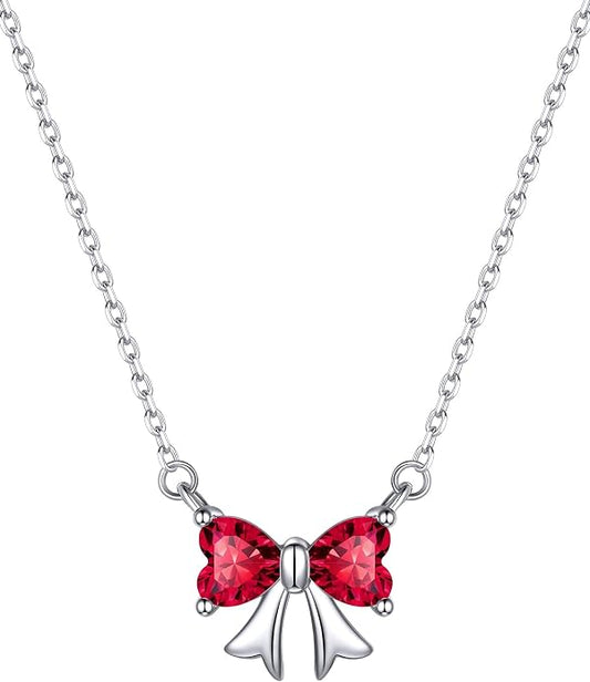 ChicSilver Bow and Cat Birthstone Necklace, 925 Sterling Silver Pendant Necklaces for Women, Hypoallergenic Silver Choker with 16 inch Rolo Chain, 12 Months Jewelry for Valentines Mothers Day Christmas