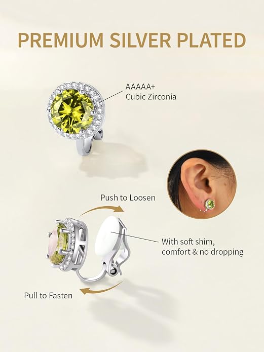 FindChic Sparkling Birthstone Clip On Earrings for Women, Silver Plated Stud Earrings 8MM Cubic Zirconia Non Pierced Studs, 12 Months Birthday Jewelry Gift