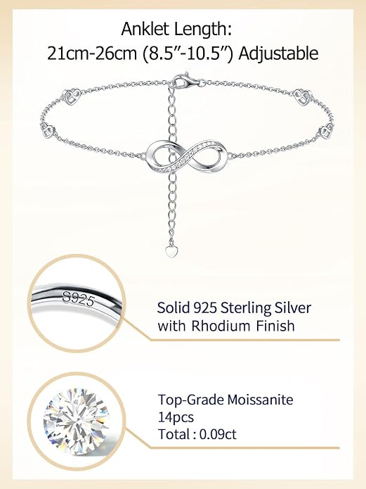 Moissanite Infinity Anklet for Women, Real Authentic 925 Sterling Silver Hypoallergenic, Beautiful Summer Jewelry, Dainty Ankle Bracelet, 8.6-10.6inch (21-26cm) Adjustable
