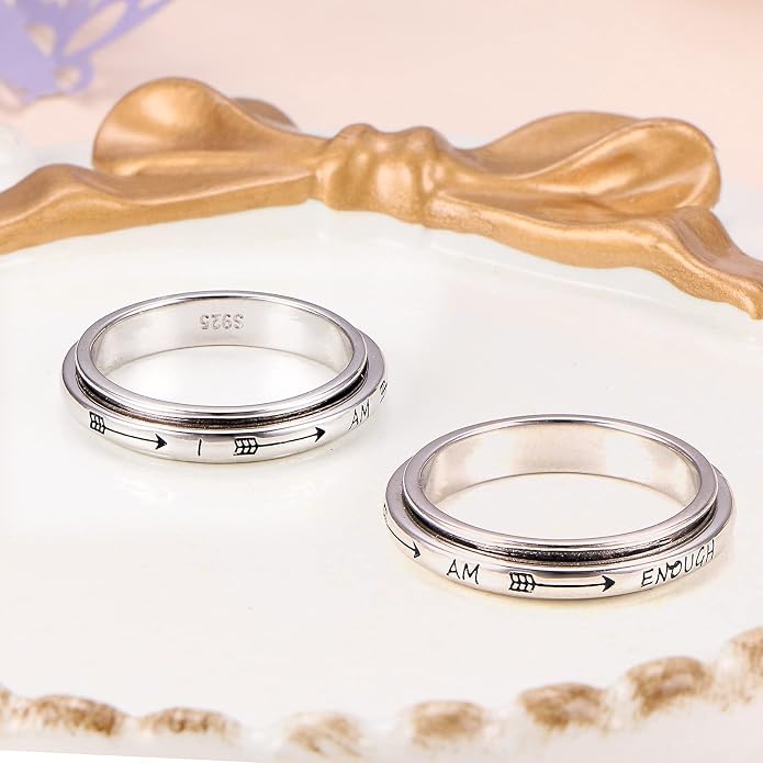 Alphm S925 Sterling Silver Spinner Fidget Anxiety Worry Relieving Boredom ADHD Autism Band Rings