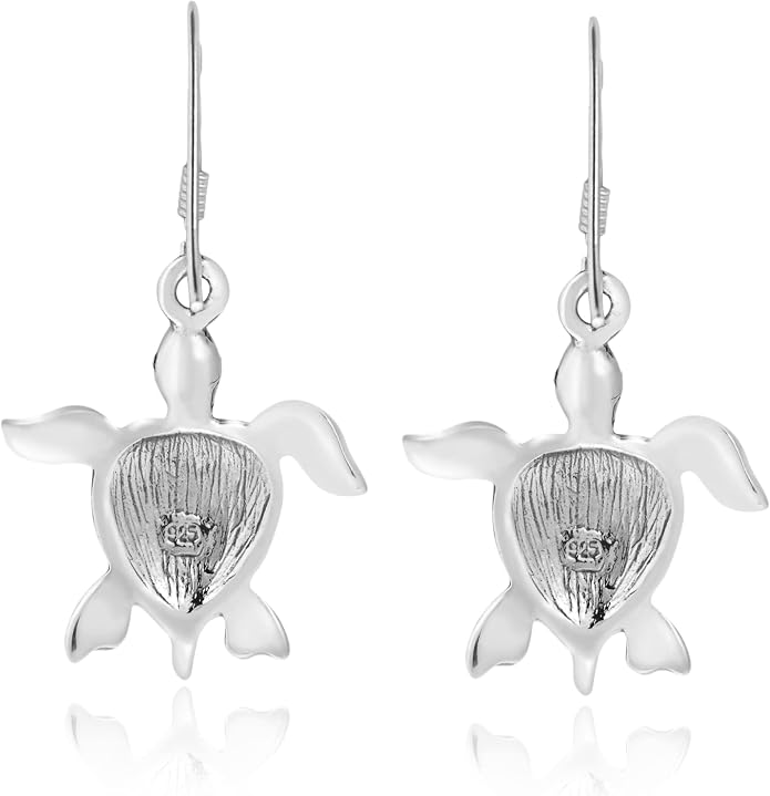 AeraVida Love Life Sea Ocean Turtle Heart Abalone Shell Sterling Silver Dangle Earrings | Elegant Ocean-Inspired Turtle Earrings for Women | Sterling Silver and Abalone Shell Jewelry