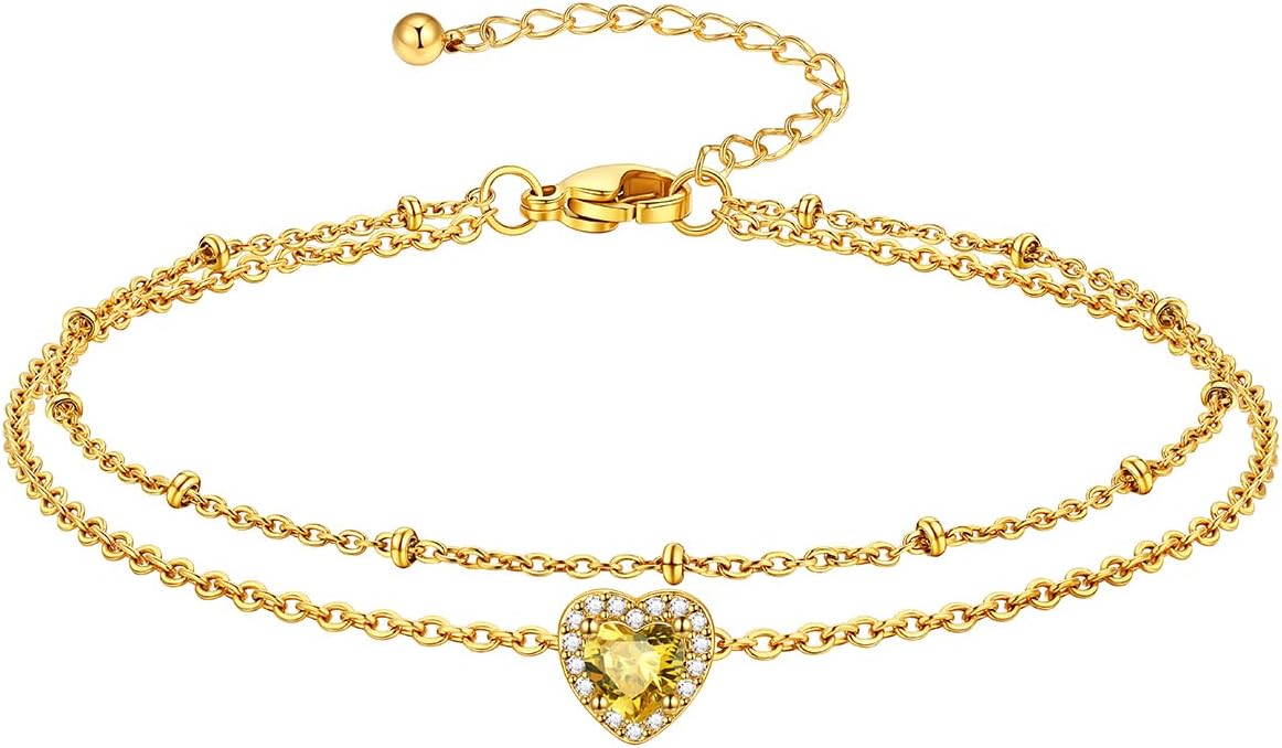 Richsteel Double Layer Heart/Butterfly Birthstone Anklet for Women Non Tarnish Waterproof, Silver/Gold/Black Stainless Steel 8.5-10.5 Inch Adjustable Chain Anklets Jewelry Gifts for Her