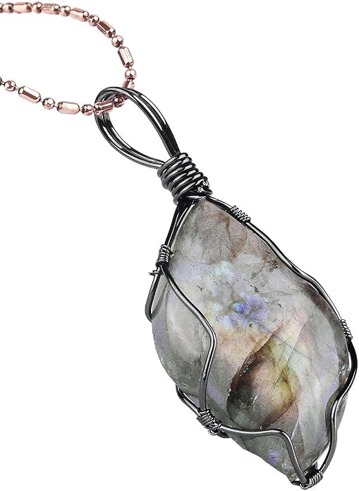 TUMBEELLUWA Labradorite Necklace Irregular Shape Wire Wrapped Quartz Crystal Pendant with Chain Healing Stone Jewelry