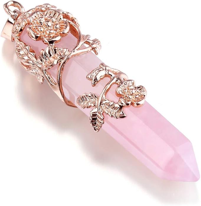 Jovivi Flower Wrapped Natural Healing Crystal Pointed Necklace Hexagonal Prism Gemstone Pendant Pendulum Necklace Reiki Jewelry Quartz for Women Men