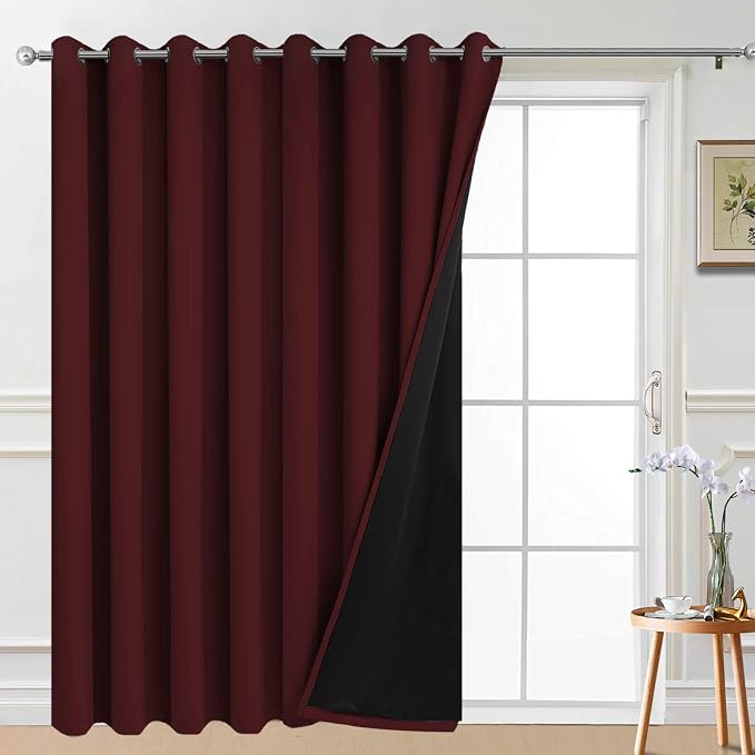 Yakamok Burgundy Red Blackout Patio Door Curtain Panels W100 x L96,1 Panel | Noise Reducing Barrier Panel for Sliding Glass Door, 2 Thick Layers Heat Full Light Blocking Patio Door Drapery