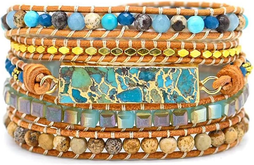 Women Wrap Bracelets Boho Natural Stone Jasper Turquoises Strand Bracelet Jewelry Collection