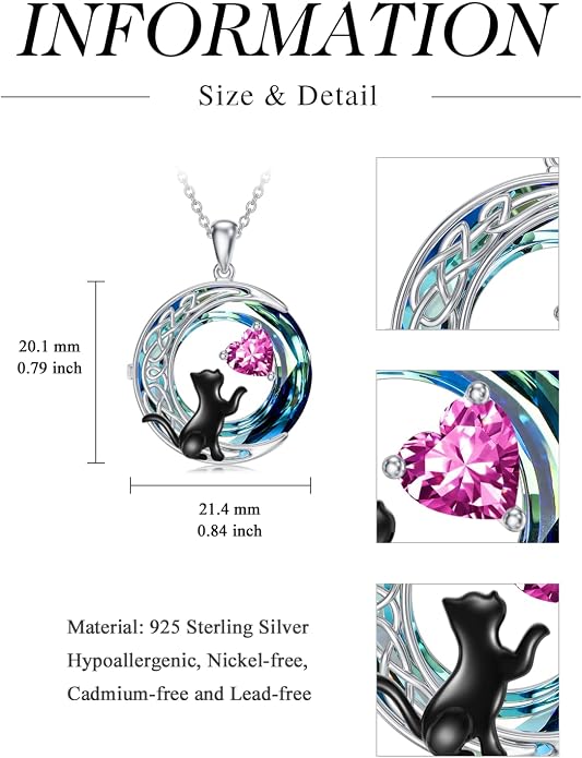 TOUPOP Cat Gifts for Cats Lovers 925 Sterling Silver Black Cat Necklace Celtic Moon Birthstone Jewelry for Women Anniversary Birthday Gift for Her Wife Mom