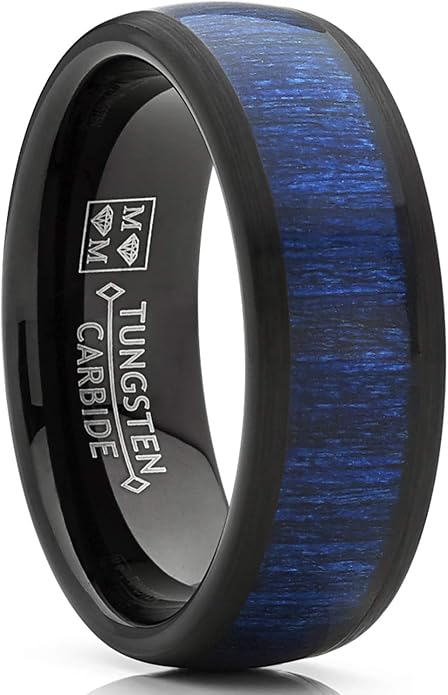 Metal Masters Men's Women's Tungsten Carbide Wedding Band Engagement Ring, Real Brown Or Blue Wood Inlay, Comfort Fit 8mm