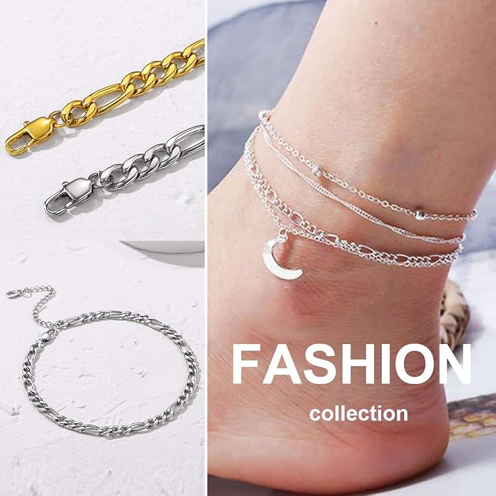 GoldChic Adjustbale Link Chain Anklet for Women Summer Jewelry, 316L Stainless Steel Figaro/Wheat/Twist Rope/Cuban Foot Bracelet-Waterproof, Resizable 9"-12" (Gift Box Included)