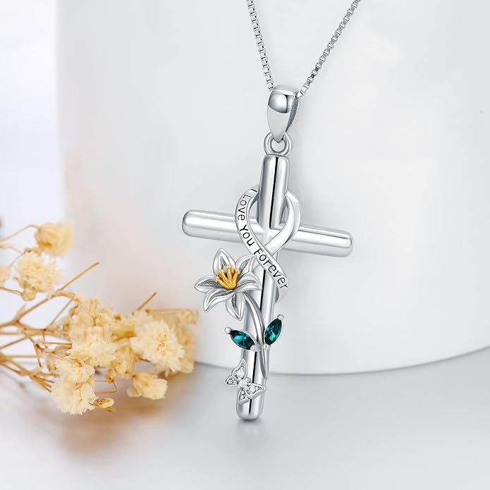 Cross Necklace for Women 925 Sterling Silver I Love You Necklace Religious Jewelry with Gift Box for Mother Daughter