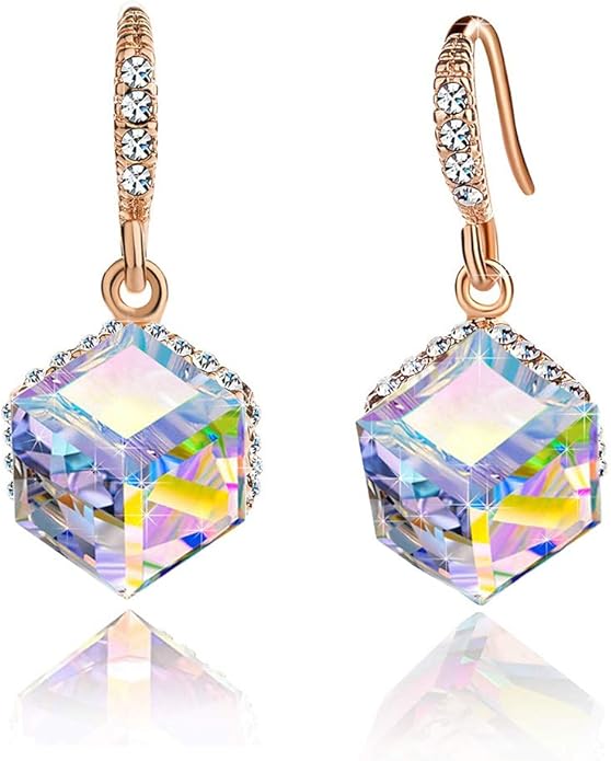 Austrian Crystal Cube Drop Dangle Earrings for Women 14K Gold Plated Hypoallergenic Jewelry