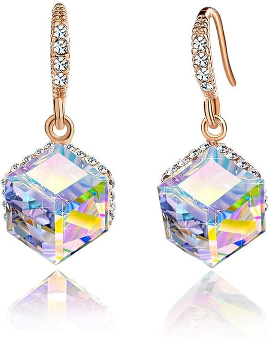Austrian Crystal Cube Drop Dangle Earrings for Women 14K Gold Plated Hypoallergenic Jewelry