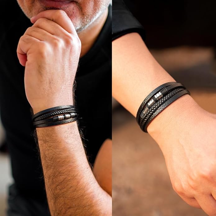 Mens Leather Bracelet Multi Layer – Braided Black Wristband with Stainless Steel Clasp, Minimalist Stylish Jewelry for Men, Everyday Wear Brown Black Blue