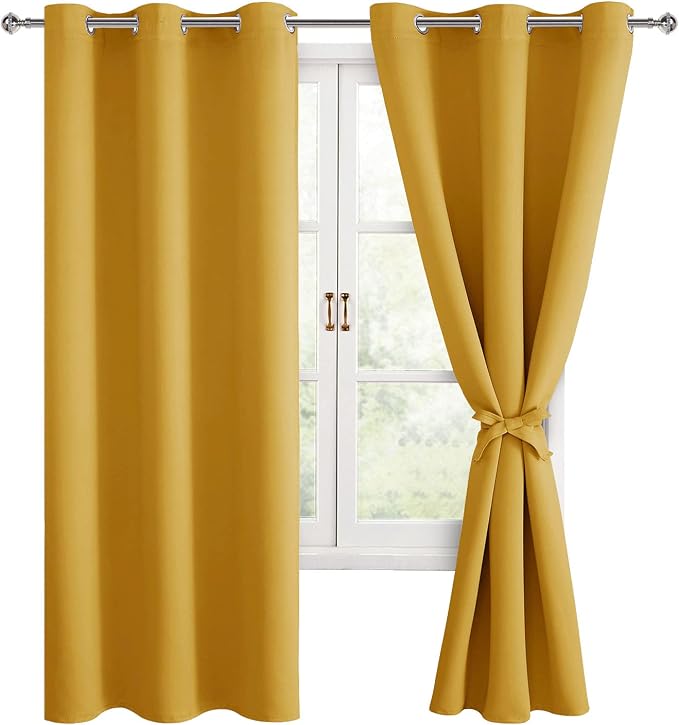 Hiasan Blackout Curtains for Bedroom and Living Room, Light Blocking, Noise Reducing Window Curtain Panels, Tiebacks Included, Set of 2, Grommet Top (Mustard Yellow, Width 38 Inch x Length 72 Inch)
