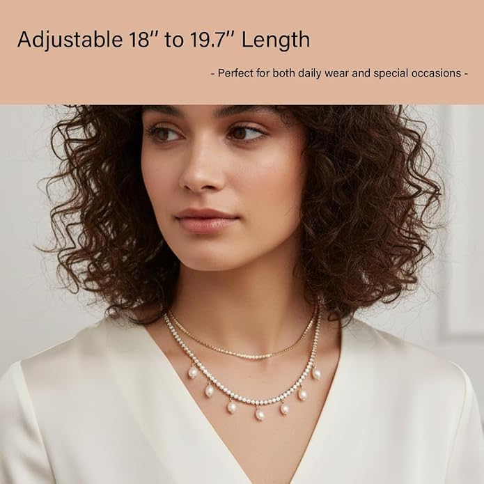 Natural Freshwater Baroque Pearl Necklace 14K Gold Plated Dainty Choker Necklace for Women Girls Snake Chain/Cuban Link/Paperclip/Ball Beaded Chain/Tennis Chain Fashion Jewelry for Gift