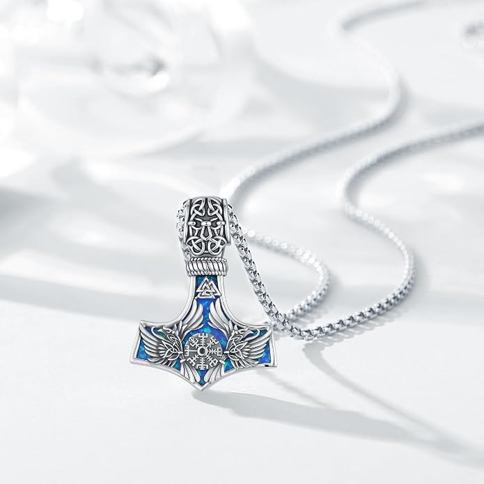 Thor Hammer Necklace for Women Men, S925 Sterling Silver Viking Mjolnir Necklace Pendant with Corlorful Opal Norse Runes Amulet Jewelry Gift